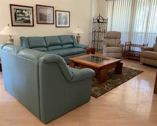 Aqua Sofa and Loveseat, Area Rug 5'4" x 7'8", Teak Coffee Table, Set/2 Danish Teak Nesting Tables, 2 La-Z-Boy Electric Recliners, Etagere, Large Table Lamps pair, Teak Bar Cart, Original Photography Frames