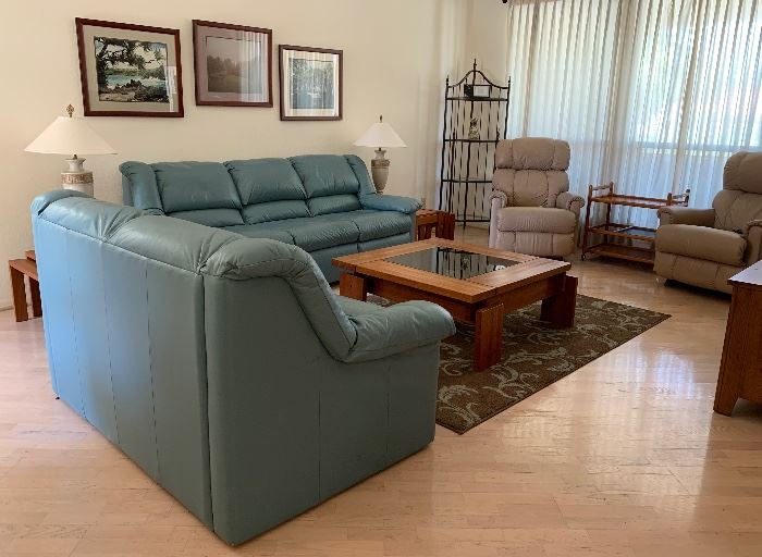 Aqua Sofa and Loveseat, Area Rug 5'4" x 7'8", Teak Coffee Table, Set/2 Danish Teak Nesting Tables, 2 La-Z-Boy Electric Recliners, Etagere, Large Table Lamps pair, Teak Bar Cart, Original Photography Frames
