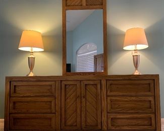 Vintage Thomasville Bedroom: Dresser w Mirror, 2 Nightstands, Armoire, King Headboard, Brushed Silver Table Lamps pair