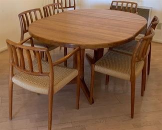 Glostrup Danish Teak Dining Table 47" Round w 2 ea 19 3/4" Leaves and 8 Chairs