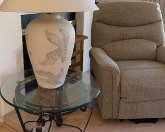 Round Glass and Metal End Tables pair, Lift Chair, Oversized Lamps pair