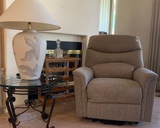 Round Glass and Metal End Tables pair, Lift Chair, Oversized Lamps pair