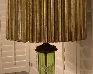 Table Lamp Handpainted Florals on Green Glass w Gold Pleated Shade
