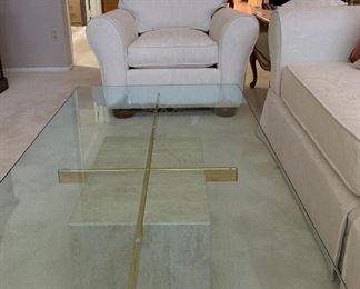 Italian Travertine w Glass Top Coffee Table and End Table, Drexel Heritage Arm Chair