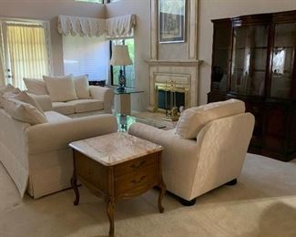 Custom Ivory Sofa and Loveseat, Drexel Breakfront, Weiman End Table