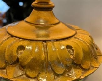 Table Lamp Handpainted Florals on Green Glass w Gold Pleated Shade