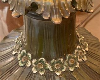 Table Lamp Handpainted Florals on Green Glass w Gold Pleated Shade