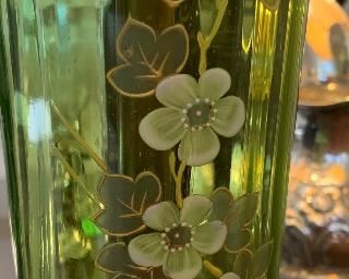 Table Lamp Handpainted Florals on Green Glass w Gold Pleated Shade