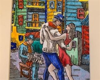 Art Acuarela Original de Jose Volponi Junio 2008 Lazboca BS.AS. Argentina 8x10 w Mat "Tango en Caminito"