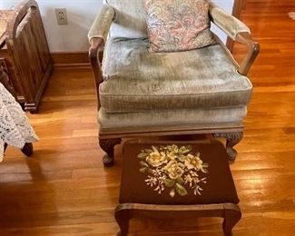 Open arm chair, needlepoint footstool