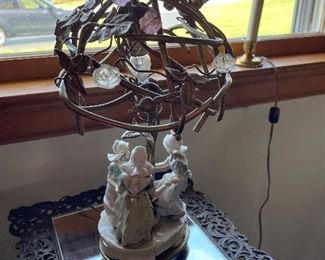 Interesting lamp with porcelain dutch girls and unusual “shade”