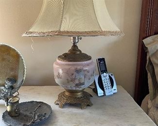 Antique oil  lamp with porcelain font, electrified
