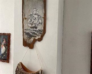 Birch bark basket, rustic picture of ship on wood