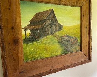 Landscape depicting old barn  or shed in shadowbox frame