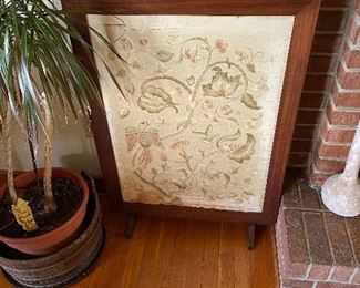 Crewel embroidered fire screen