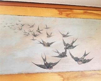 Painted  panel of swallows in flight