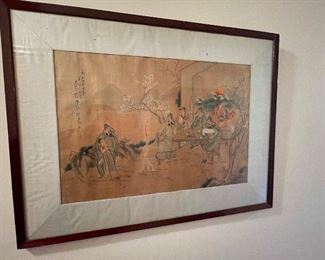 Antique Chinese painting with calligraphy, on silk