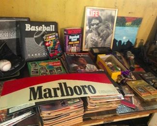 vintage baseball magazines, LIFE magazines, and pre-health ordinance cigarette promotion (don't smoke, kids)