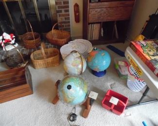 World globes and wicker baskets