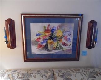 Beautiful framed artwork with matching candle holders