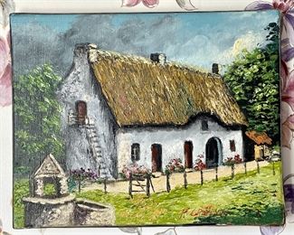 Item 50:  Vintage Painting on Canvas, Home with Thatched Roof, signed F. Ereignou, 1973 - 9.75" x 7.5":  $46