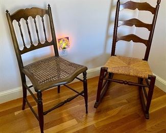 Item 57:  Caned Chair (left) - 16"l x 14.75"w x 32"h:  $58                                        Item 58:  Rocking Chair with Rush Seat (right) - 16"l x 14.75"w x 34"h: $85 (SOLD)