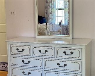 Item 76:  Vintage Dixie Furniture Dresser with Attached Mirror - 50"l x 18.5"w x 67.5"h: $195