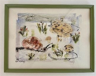 Item 93:  Jo Birdsey Framed Water Color - Mushroom and Snail - 12.75" x 9.75":  $75