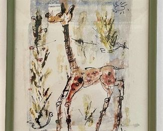 Item 95:  Jo Birdsey Framed Water Color - Giraffe - 9.75" x 12.75":  $75