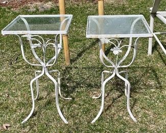 Item 141:  (2) Vintage Wrought Iron & Glass Side Tables (white) - 10.25"l x 10.25"w x 18.5"h: $125 for pair