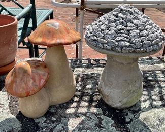 Item 157a:  (2) Vintage Ceramic Mushroom Garden Ornaments:  $38                                                                                    Item 157b: Cement Mushroom with Stone Cap: $32                                                         