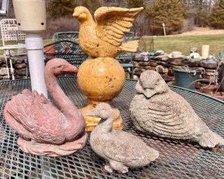 Item 179:  Swan Garden Ornament (left): $14  (SOLD)                                                              Item 180:  Duck Garden Ornament (middle):  $14                                                      Item 181:  Dove Garden Ornament (right):   $18   (SOLD)                                                     Item 182:  Bird on Ball Garden Ornament (rear):  $24                                              Tallest - 12" (SOLD)