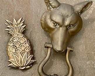 Item 201:  Pineapple Brass Door Knocker (left):  $14                                               Item 202:  Fox Brass Door Knocker (right): $42