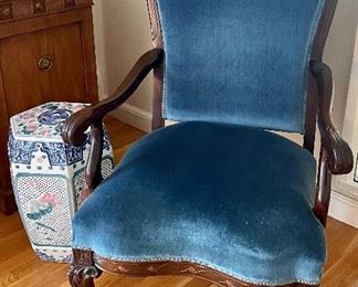 Item 221:  Carved Armchair with Blue Velvet - needs new springs and a bunch of  TLC - 27"l x 19.5"w x 43.25"h:  $95