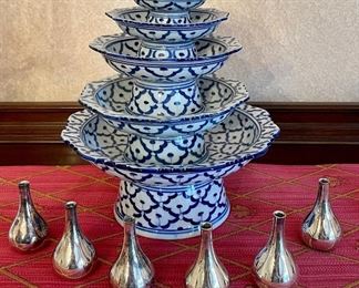 Item 224:  Blue & White Tiered Serving Dishes - 9": $38  (SOLD)                                                                                                       Item 225:  Set of 6 Dansk Tear Drop Candleholders with Candles: $48 