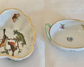 Item 14:  Herend Leaf Dish (left):   $75                                                          Item 15:  Herend Double Handle Dish (right):  $32