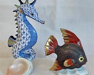 Item 20:  Herend Rothschild Blue Fishnet Seahorse on Scallop Shell (left) - 4":  $225      (SOLD)                                                                                        Item 21:  Herend Rothschild Sailing Fish - 2.5":  $75