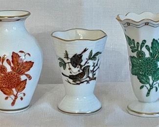 Item 24:  Herend Miniature Vase (butterfly - left):  $24                                         Item 25:  Herend Miniature Vase (birds - middle):  $24                                          Item 26:  Herend Miniature Vase (green - right):  $24