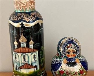 Item 288:  Hand Painted Russian Stacking Dolls, bottle cover, and little painted double decker box:  $65                                                                              Tallest - 14"