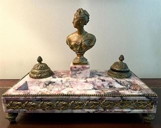 Item 263:  Antique French Pink Marble and Ormolu Desk Set - 11.75"l x 6.25"w x 9"h:  $595