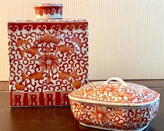 Item 296:  Covered Canister & Trinket Dish (orange & white):  $50 for set                                                                                                      Tallest - 6"