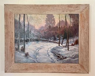 Item 301:  Signed Oil on Board (snowy road) - 22.25" x 18.25": $165