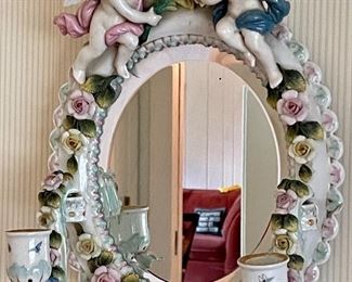 Item 302:  Antique Dresden 19th c. cherub beveled mirror wall display with 2 candles - 11": $125