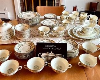 Item 266:  Gigantic Set of Minton "Henley":  $825                                                                 15 dinner plates, 12 salad plates, 12 bread & butter plates, 12 soup bowls, 12 berry bowls, 15 tea cups, 24 saucers, 1 gravy boat with underplate, 1 vegetable tureen, 2 platters, 1 espresso cup & saucer 