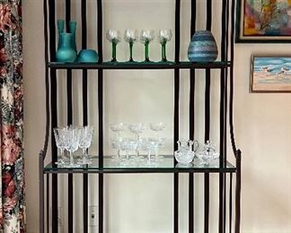 Item 265:  Heavy Iron Contemporary Baker's Rack with 4 Glass Shelves - there are some hairline scratches on the glass of the 2nd and 3rd shelves - 37.5"l x 16"w x 74.5"h: $425