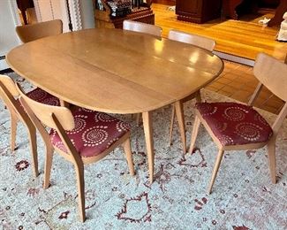 Item 264:  Mid-Century Heywood Wakefield Dining Set, Smaller Size - finish on table has some condition issues and the (6) chairs need to be reupholstered: $895 for set                                                                              Table - 62"l x 48.5"w x 29"h                                                                            Chair - 18"l x 16"w x 31"h
