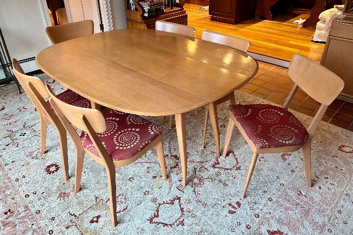 Item 264:  Mid-Century Heywood Wakefield Dining Set, Smaller Size - finish on table has some condition issues and the (6) chairs need to be reupholstered: $895 for set                                                                              Table - 62"l x 48.5"w x 29"h                                                                            Chair - 18"l x 16"w x 31"h