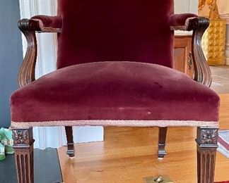 Item 322:  Pair Burgundy Velvet Armchairs - fabric is still plush but there may be a mark or two on the velvet: $250 for pair