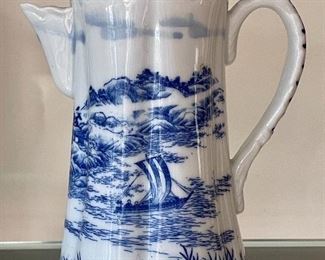Item 324:  Blue and White Chocolate Pot with Ship Scene: $38