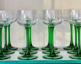 Item 336:  12 Gorgeous Vintage Wine/Cordials with Long Emerald Green Stem: $95
